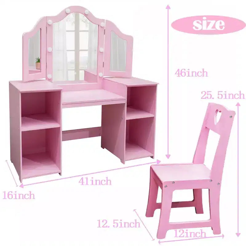 Set Tavolo e Sedia da Toilette per Bambini, Set Tavolo e Sedia da Trucco da Principessa, Specchio Tri-Pieghevole Staccabile, Tavolo da Trucco per Bambini in Legno, per Camera da Letto