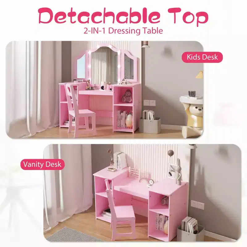 Set Tavolo e Sedia da Toilette per Bambini, Set Tavolo e Sedia da Trucco da Principessa, Specchio Tri-Pieghevole Staccabile, Tavolo da Trucco per Bambini in Legno, per Camera da Letto