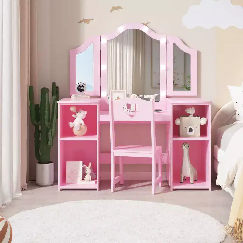 Set Tavolo e Sedia da Toilette per Bambini, Set Tavolo e Sedia da Trucco da Principessa, Specchio Tri-Pieghevole Staccabile, Tavolo da Trucco per Bambini in Legno, per Camera da Letto