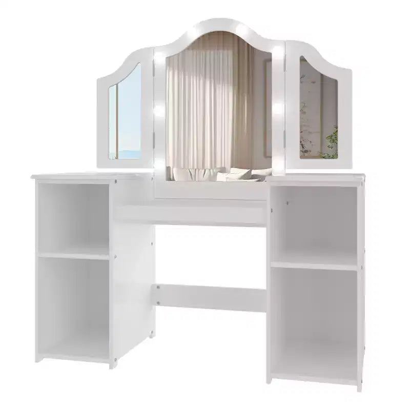 Set Tavolo e Sedia da Toilette per Bambini, Set Tavolo e Sedia da Trucco da Principessa, Specchio Tri-Pieghevole Staccabile, Tavolo da Trucco per Bambini in Legno, per Camera da Letto