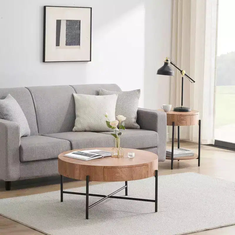 Vintage Round Coffee Table with Drawer - Wooden Accent Center Table with Storage for Living Room