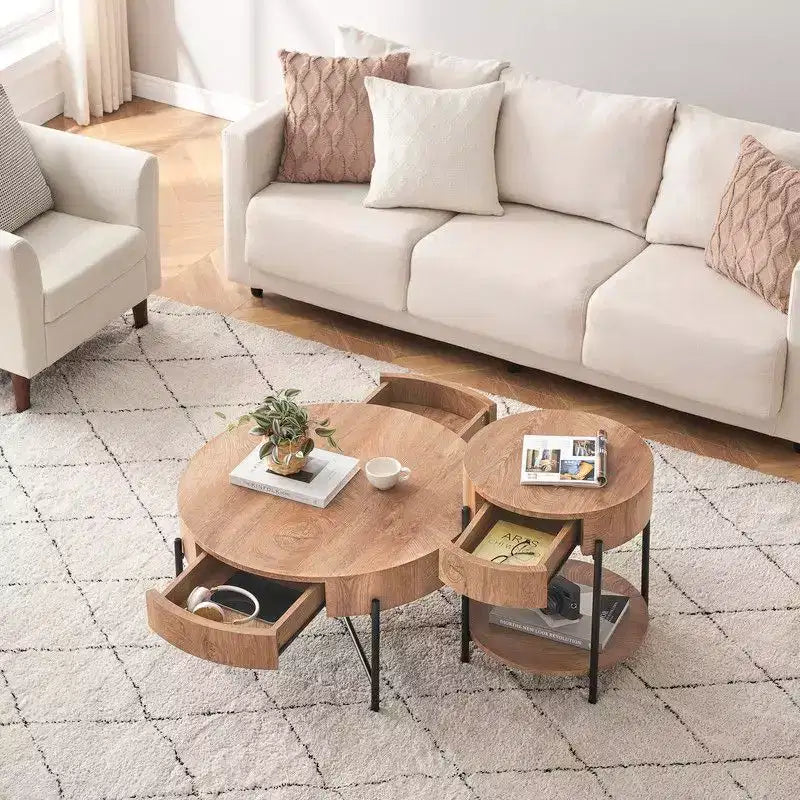 Vintage Round Coffee Table with Drawer - Wooden Accent Center Table with Storage for Living Room