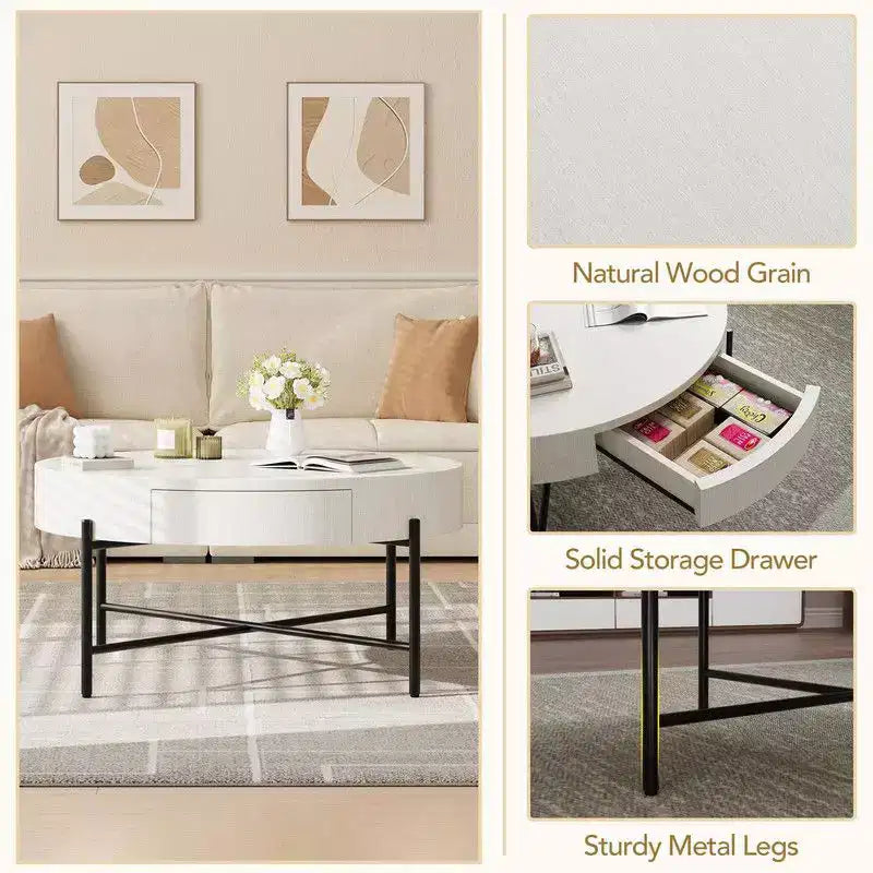 Vintage Round Coffee Table with Drawer - Wooden Accent Center Table with Storage for Living Room