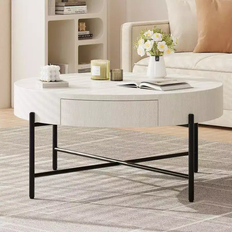 Vintage Round Coffee Table with Drawer - Wooden Accent Center Table with Storage for Living Room