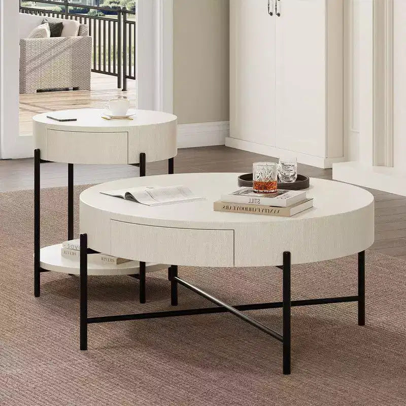 Vintage Round Coffee Table with Drawer - Wooden Accent Center Table with Storage for Living Room