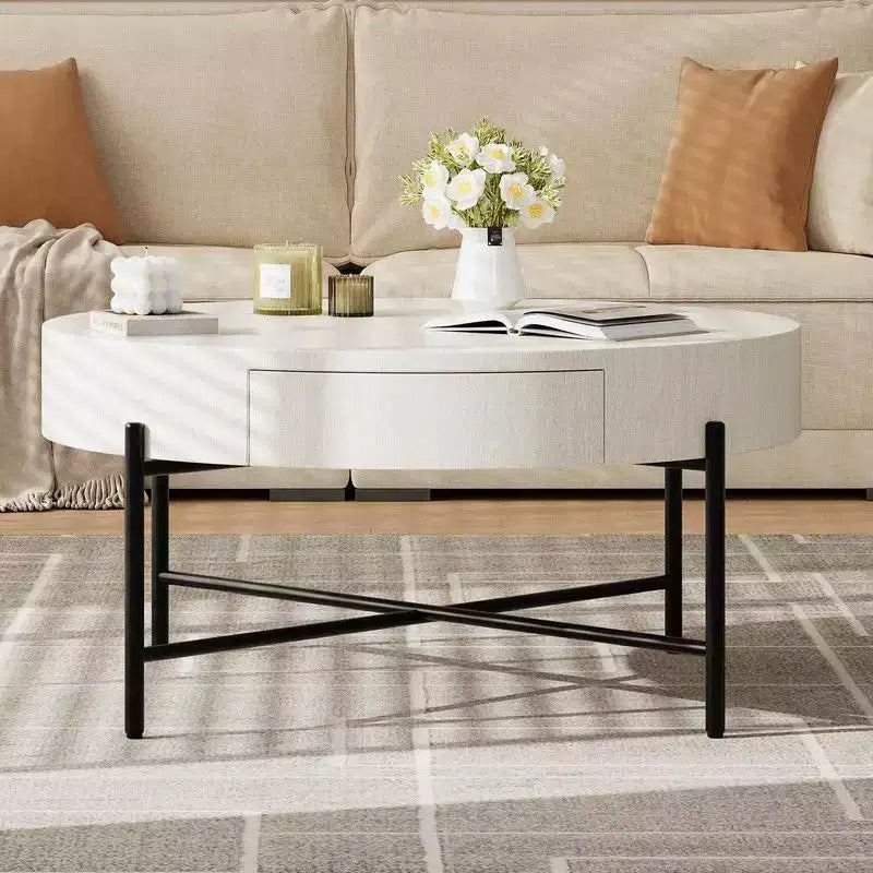 Vintage Round Coffee Table with Drawer - Wooden Accent Center Table with Storage for Living Room