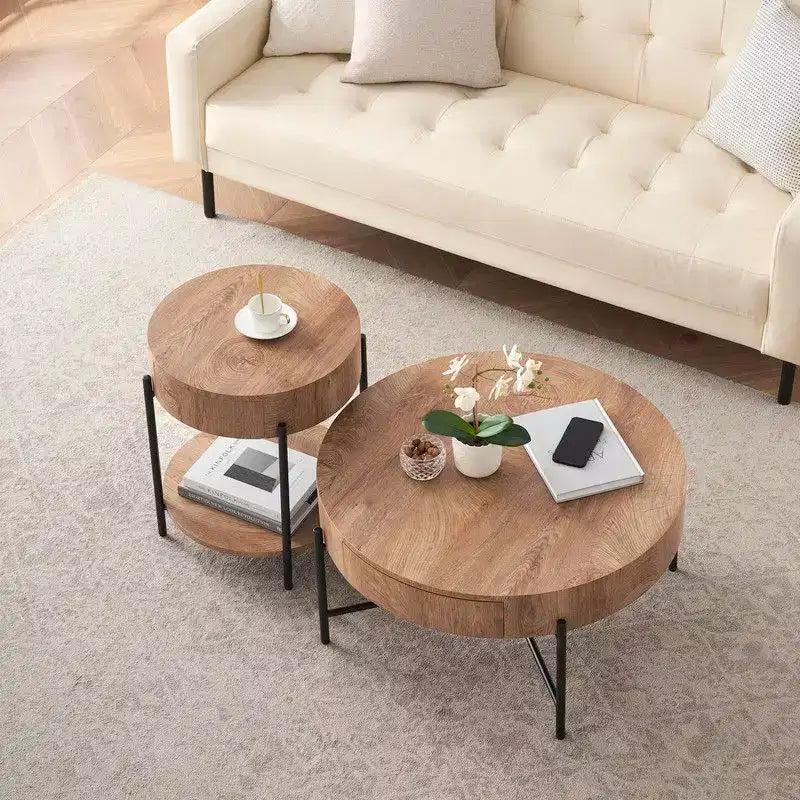 Vintage Round Coffee Table with Drawer - Wooden Accent Center Table with Storage for Living Room