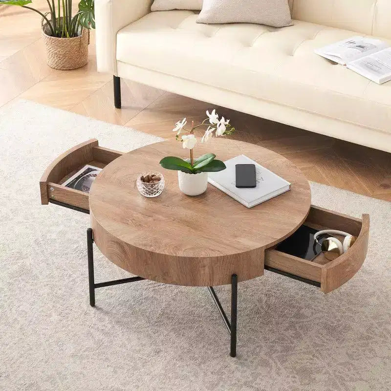 Vintage Round Coffee Table with Drawer - Wooden Accent Center Table with Storage for Living Room