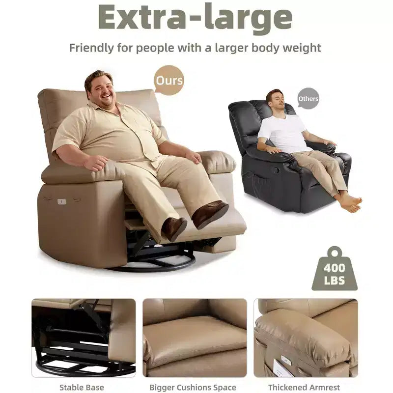 Poltrona Reclinabile Manuale in Pelle PU, Poltrona a Dondolo Girevole a 360 Gradi per Adulti con Tasche Laterali, Poltrona Reclinabile Singola Moderna, Beige