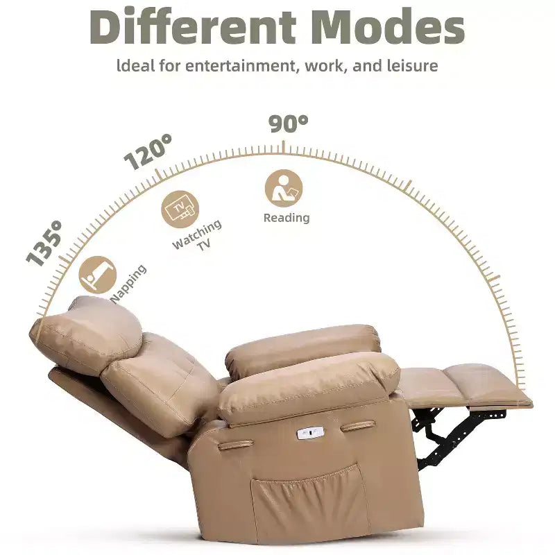 Poltrona Reclinabile Manuale in Pelle PU, Poltrona a Dondolo Girevole a 360 Gradi per Adulti con Tasche Laterali, Poltrona Reclinabile Singola Moderna, Beige
