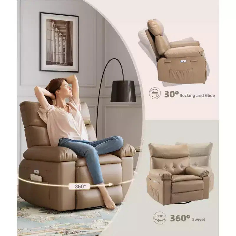 Poltrona Reclinabile Manuale in Pelle PU, Poltrona a Dondolo Girevole a 360 Gradi per Adulti con Tasche Laterali, Poltrona Reclinabile Singola Moderna, Beige