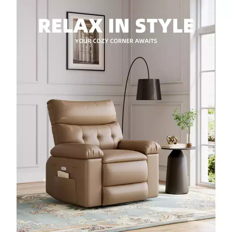 Poltrona Reclinabile Manuale in Pelle PU, Poltrona a Dondolo Girevole a 360 Gradi per Adulti con Tasche Laterali, Poltrona Reclinabile Singola Moderna, Beige