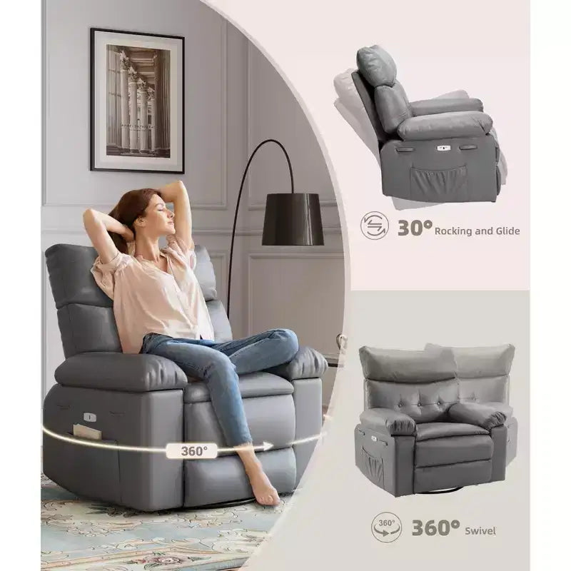Poltrona Reclinabile Manuale in Pelle PU, Poltrona a Dondolo Girevole a 360 Gradi per Adulti con Tasche Laterali, Poltrona Reclinabile Singola Moderna, Beige