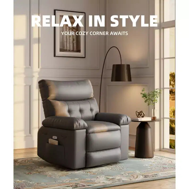 Poltrona Reclinabile Manuale in Pelle PU, Poltrona a Dondolo Girevole a 360 Gradi per Adulti con Tasche Laterali, Poltrona Reclinabile Singola Moderna, Beige