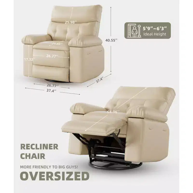 Poltrona Reclinabile Manuale in Pelle PU, Poltrona a Dondolo Girevole a 360 Gradi per Adulti con Tasche Laterali, Poltrona Reclinabile Singola Moderna, Beige