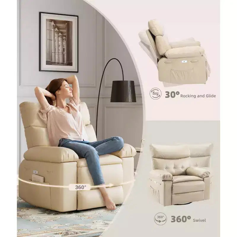 Poltrona Reclinabile Manuale in Pelle PU, Poltrona a Dondolo Girevole a 360 Gradi per Adulti con Tasche Laterali, Poltrona Reclinabile Singola Moderna, Beige