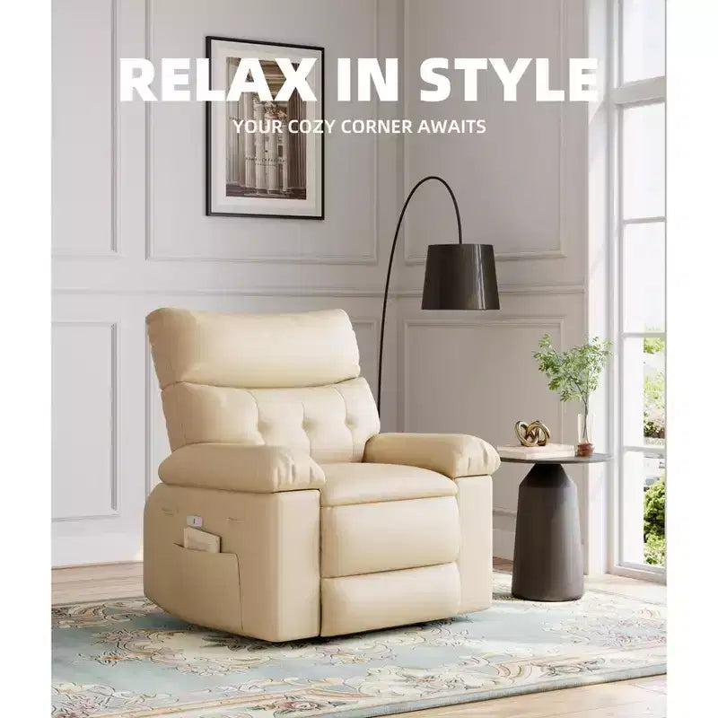 Poltrona Reclinabile Manuale in Pelle PU, Poltrona a Dondolo Girevole a 360 Gradi per Adulti con Tasche Laterali, Poltrona Reclinabile Singola Moderna, Beige