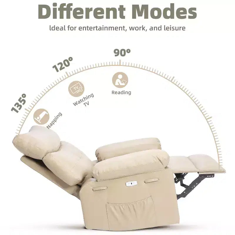Poltrona Reclinabile Manuale in Pelle PU, Poltrona a Dondolo Girevole a 360 Gradi per Adulti con Tasche Laterali, Poltrona Reclinabile Singola Moderna, Beige