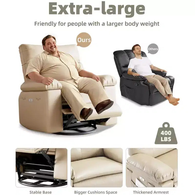 Poltrona Reclinabile Manuale in Pelle PU, Poltrona a Dondolo Girevole a 360 Gradi per Adulti con Tasche Laterali, Poltrona Reclinabile Singola Moderna, Beige