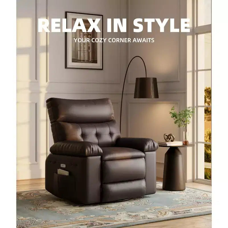 Poltrona Reclinabile Manuale in Pelle PU, Poltrona a Dondolo Girevole a 360 Gradi per Adulti con Tasche Laterali, Poltrona Reclinabile Singola Moderna, Beige