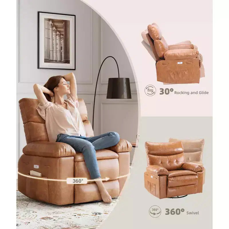 Poltrona Reclinabile Manuale in Pelle PU, Poltrona a Dondolo Girevole a 360 Gradi per Adulti con Tasche Laterali, Poltrona Reclinabile Singola Moderna, Beige