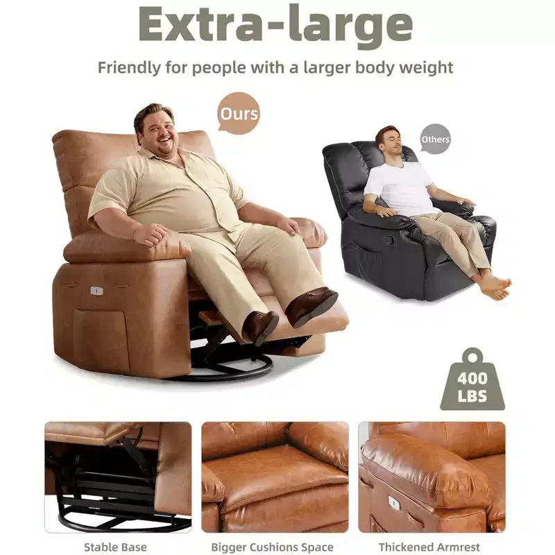 Poltrona Reclinabile Manuale in Pelle PU, Poltrona a Dondolo Girevole a 360 Gradi per Adulti con Tasche Laterali, Poltrona Reclinabile Singola Moderna, Beige