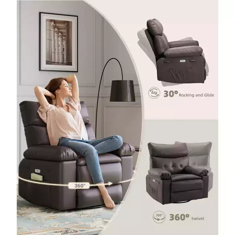 Poltrona Reclinabile Manuale in Pelle PU, Poltrona a Dondolo Girevole a 360 Gradi per Adulti con Tasche Laterali, Poltrona Reclinabile Singola Moderna, Beige