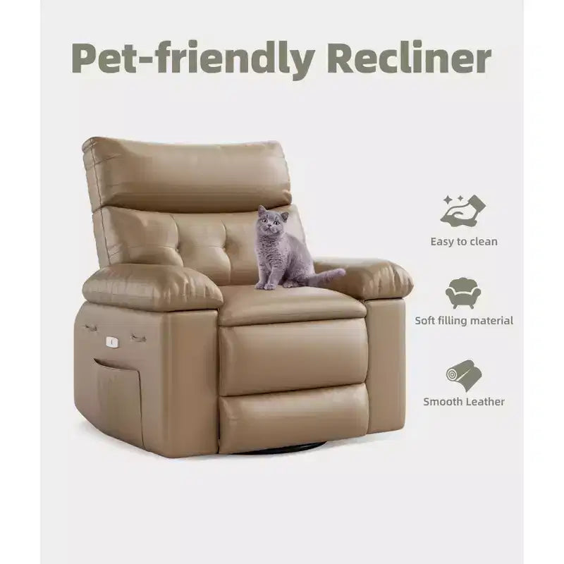 Poltrona Reclinabile Manuale in Pelle PU, Poltrona a Dondolo Girevole a 360 Gradi per Adulti con Tasche Laterali, Poltrona Reclinabile Singola Moderna, Beige