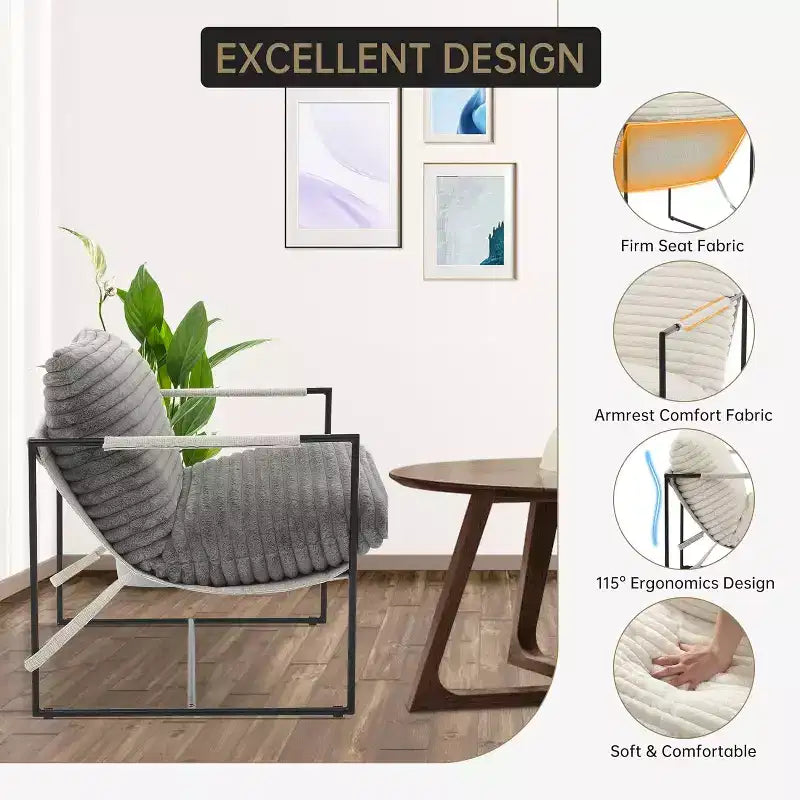 Poltrona Sling da Soggiorno, Set da 2, Struttura in Metallo con Braccioli, Cuscino in Gommapiuma Sminuzzata, Poltrona Oversize per Camera da Letto, Studio, Grigio Chiaro