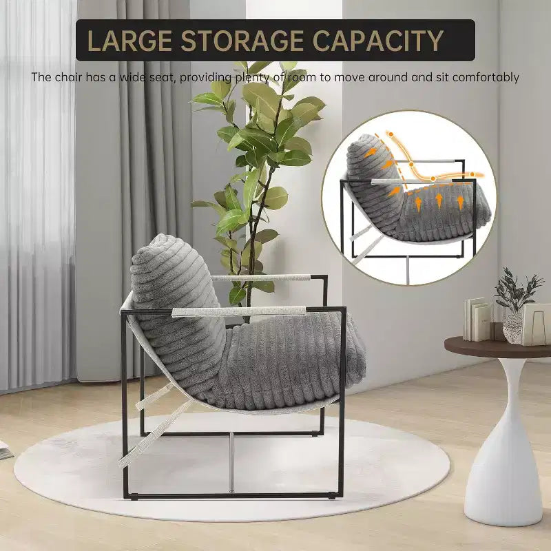 Poltrona Sling da Soggiorno, Set da 2, Struttura in Metallo con Braccioli, Cuscino in Gommapiuma Sminuzzata, Poltrona Oversize per Camera da Letto, Studio, Grigio Chiaro