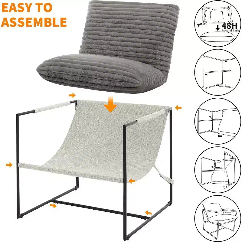 Poltrona Sling da Soggiorno, Set da 2, Struttura in Metallo con Braccioli, Cuscino in Gommapiuma Sminuzzata, Poltrona Oversize per Camera da Letto, Studio, Grigio Chiaro