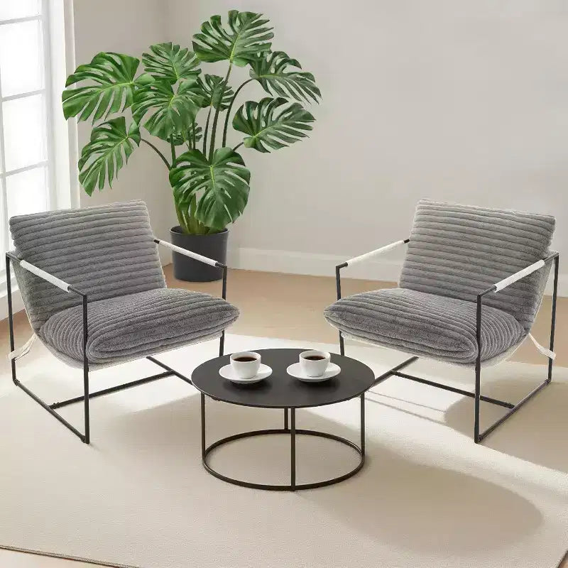 Poltrona Sling da Soggiorno, Set da 2, Struttura in Metallo con Braccioli, Cuscino in Gommapiuma Sminuzzata, Poltrona Oversize per Camera da Letto, Studio, Grigio Chiaro