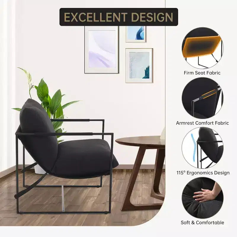 Poltrona Sling da Soggiorno, Set da 2, Struttura in Metallo con Braccioli, Cuscino in Gommapiuma Sminuzzata, Poltrona Oversize per Camera da Letto, Studio, Grigio Chiaro