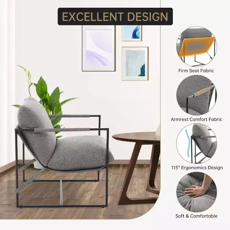 Poltrona Sling da Soggiorno, Set da 2, Struttura in Metallo con Braccioli, Cuscino in Gommapiuma Sminuzzata, Poltrona Oversize per Camera da Letto, Studio, Grigio Chiaro