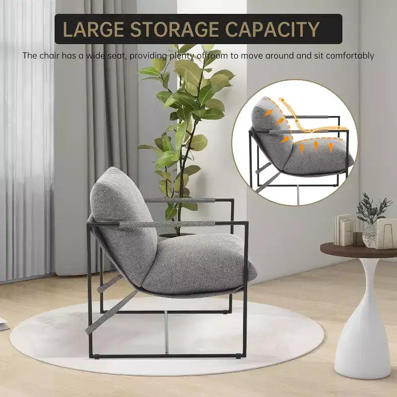Poltrona Sling da Soggiorno, Set da 2, Struttura in Metallo con Braccioli, Cuscino in Gommapiuma Sminuzzata, Poltrona Oversize per Camera da Letto, Studio, Grigio Chiaro