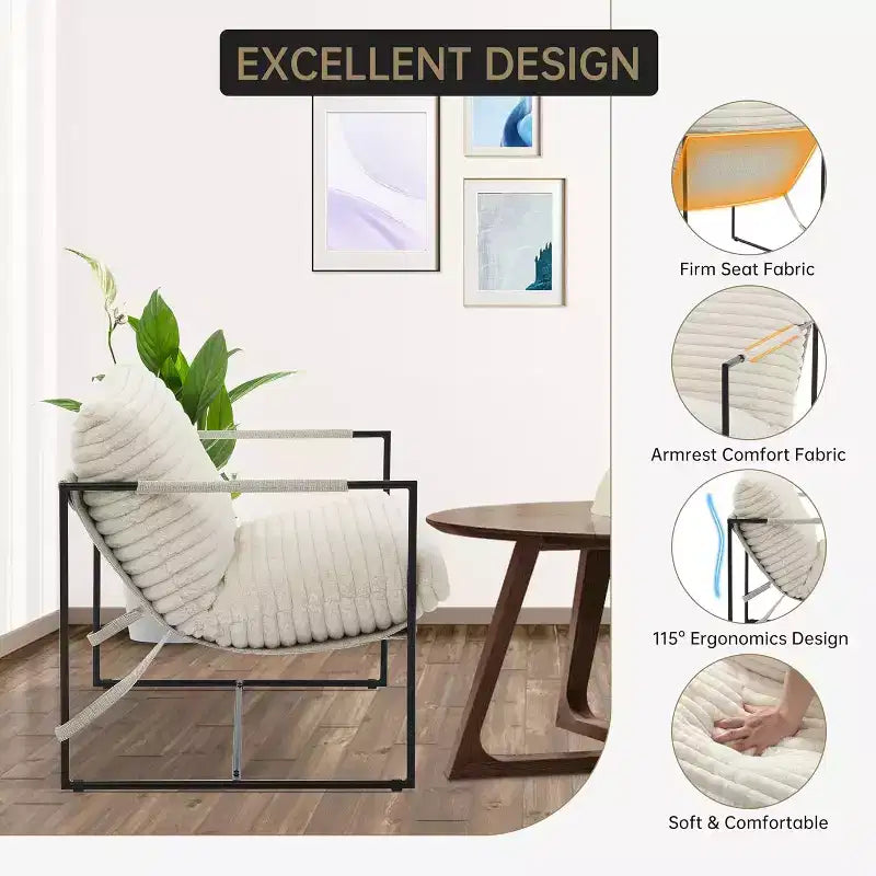 Poltrona Sling da Soggiorno, Set da 2, Struttura in Metallo con Braccioli, Cuscino in Gommapiuma Sminuzzata, Poltrona Oversize per Camera da Letto, Studio, Grigio Chiaro