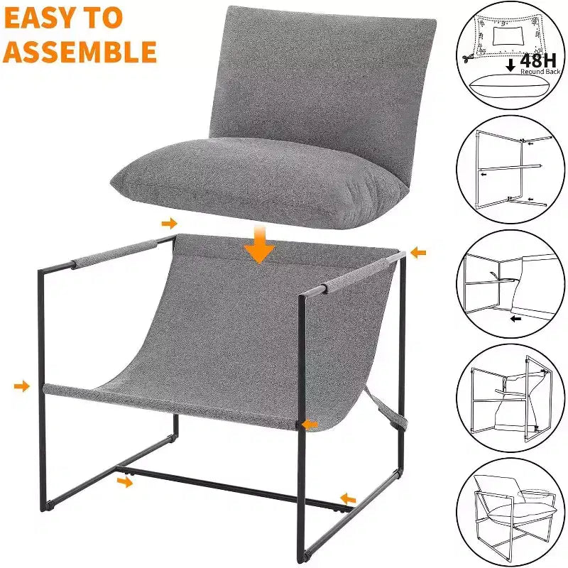 Poltrona Sling da Soggiorno, Set da 2, Struttura in Metallo con Braccioli, Cuscino in Gommapiuma Sminuzzata, Poltrona Oversize per Camera da Letto, Studio, Grigio Chiaro