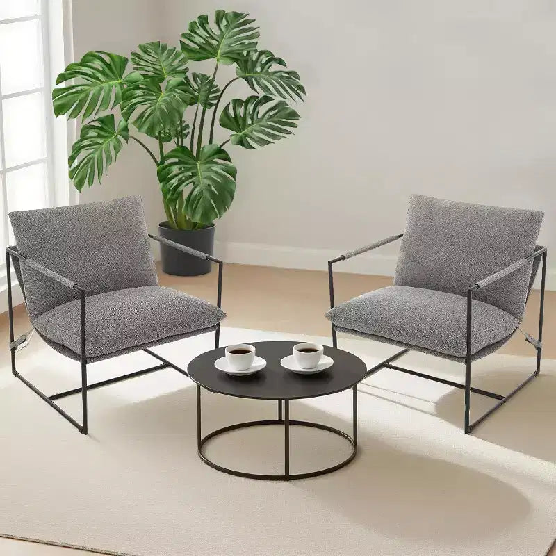 Poltrona Sling da Soggiorno, Set da 2, Struttura in Metallo con Braccioli, Cuscino in Gommapiuma Sminuzzata, Poltrona Oversize per Camera da Letto, Studio, Grigio Chiaro