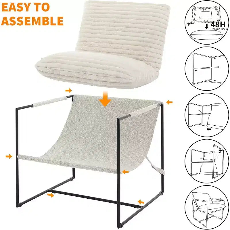 Poltrona Sling da Soggiorno, Set da 2, Struttura in Metallo con Braccioli, Cuscino in Gommapiuma Sminuzzata, Poltrona Oversize per Camera da Letto, Studio, Grigio Chiaro