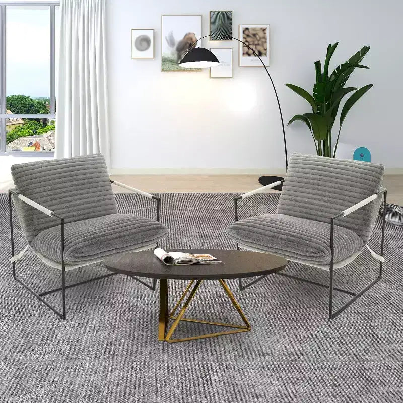 Poltrona Sling da Soggiorno, Set da 2, Struttura in Metallo con Braccioli, Cuscino in Gommapiuma Sminuzzata, Poltrona Oversize per Camera da Letto, Studio, Grigio Chiaro