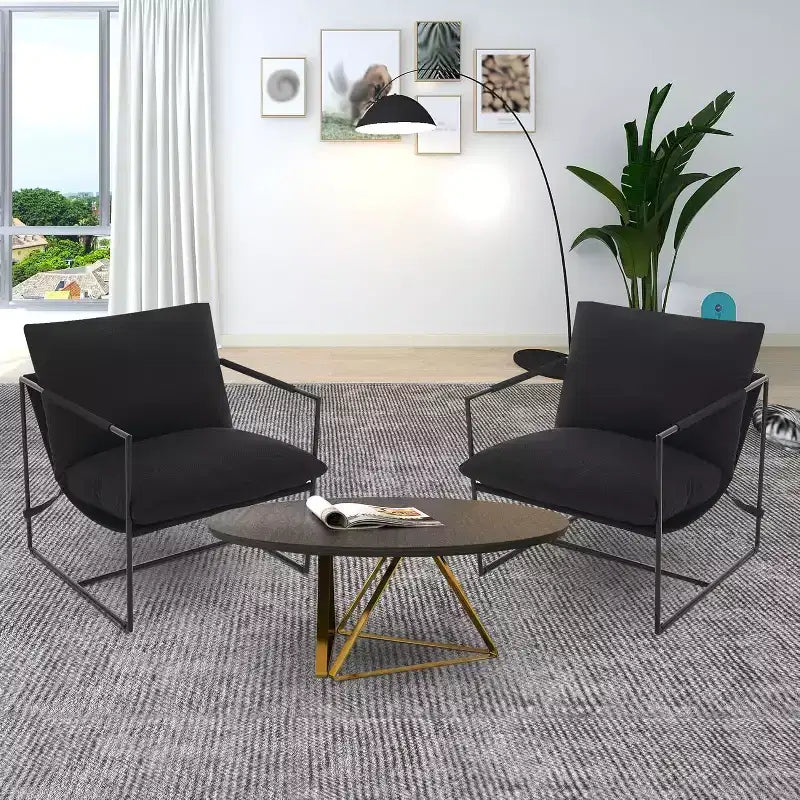 Poltrona Sling da Soggiorno, Set da 2, Struttura in Metallo con Braccioli, Cuscino in Gommapiuma Sminuzzata, Poltrona Oversize per Camera da Letto, Studio, Grigio Chiaro