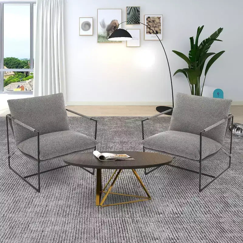 Poltrona Sling da Soggiorno, Set da 2, Struttura in Metallo con Braccioli, Cuscino in Gommapiuma Sminuzzata, Poltrona Oversize per Camera da Letto, Studio, Grigio Chiaro