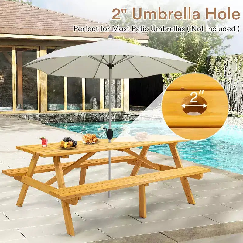 Zevemomo Tavolo da Picnic in Legno per 8 Persone, Tavolo Rettangolare con Foro per Ombrellone, 2 Panche Lunghe Integrate, Capacità Totale di 1000kg per il Giardino, Legno Chiaro