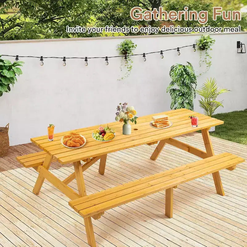 Zevemomo Tavolo da Picnic in Legno per 8 Persone, Tavolo Rettangolare con Foro per Ombrellone, 2 Panche Lunghe Integrate, Capacità Totale di 1000kg per il Giardino, Legno Chiaro