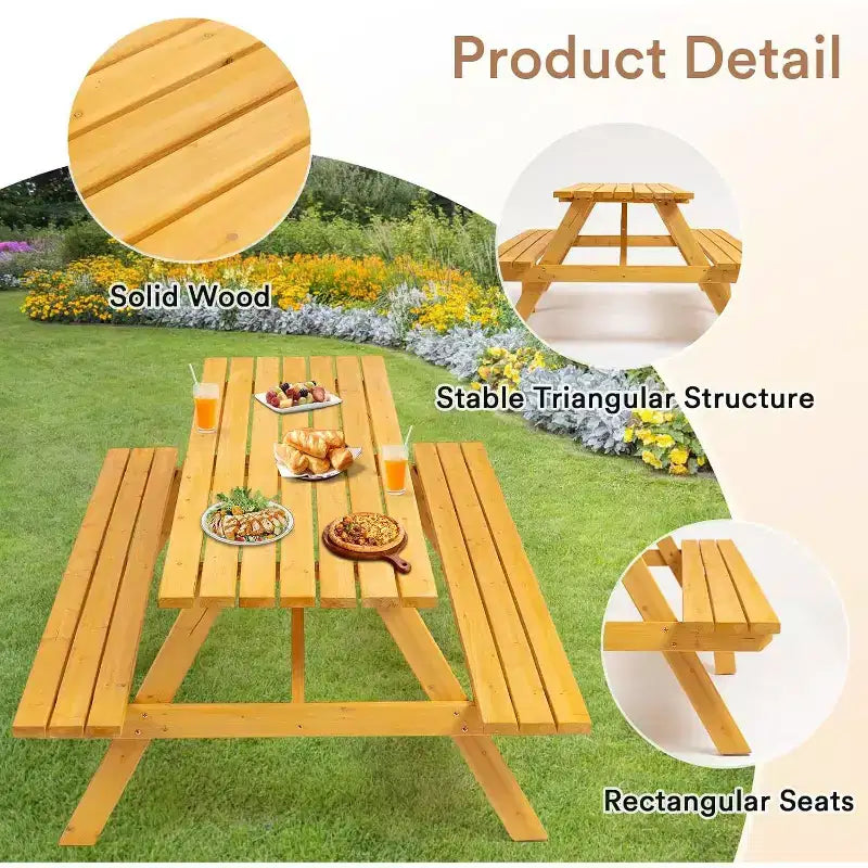 Zevemomo Tavolo da Picnic in Legno per 8 Persone, Tavolo Rettangolare con Foro per Ombrellone, 2 Panche Lunghe Integrate, Capacità Totale di 1000kg per il Giardino, Legno Chiaro
