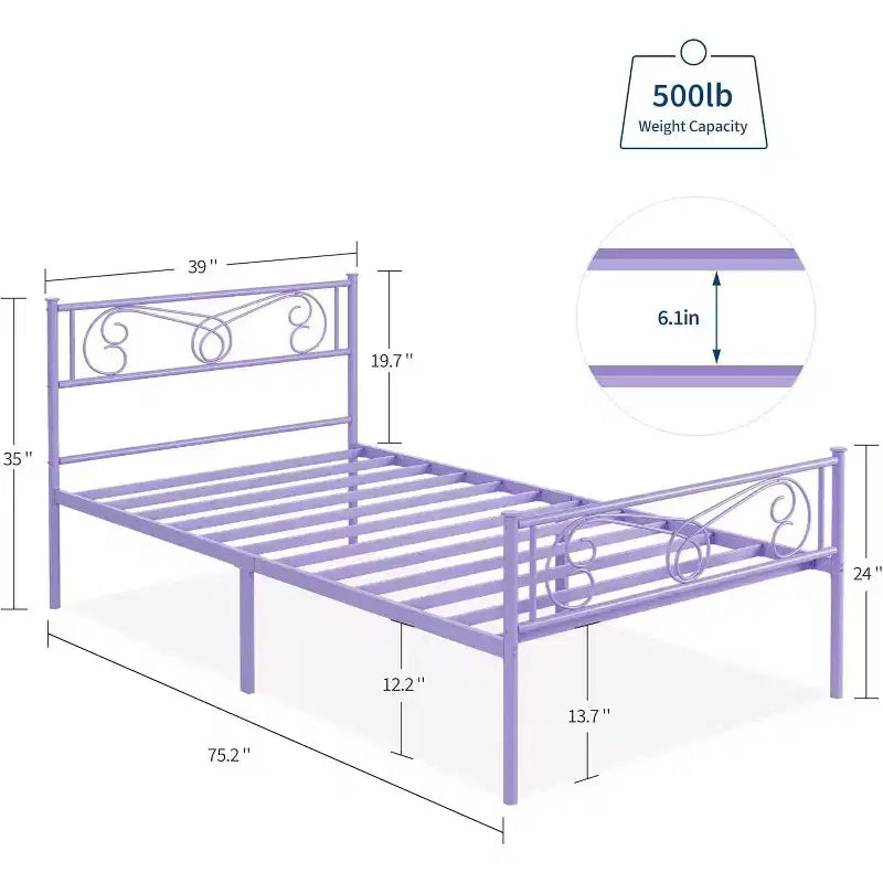 Struttura Letto Matrimoniale Viola in Metallo con Testiera, Pediera, 31 cm di Spazio Contenitore, Doghe in Acciaio, Nessuna Molla