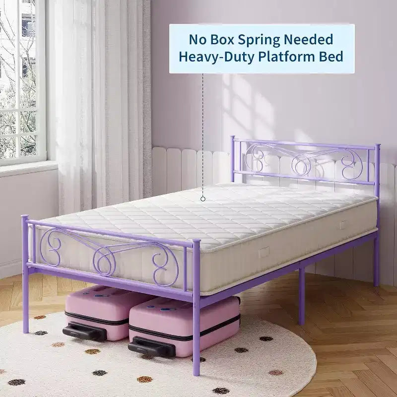 Struttura Letto Matrimoniale Viola in Metallo con Testiera, Pediera, 31 cm di Spazio Contenitore, Doghe in Acciaio, Nessuna Molla