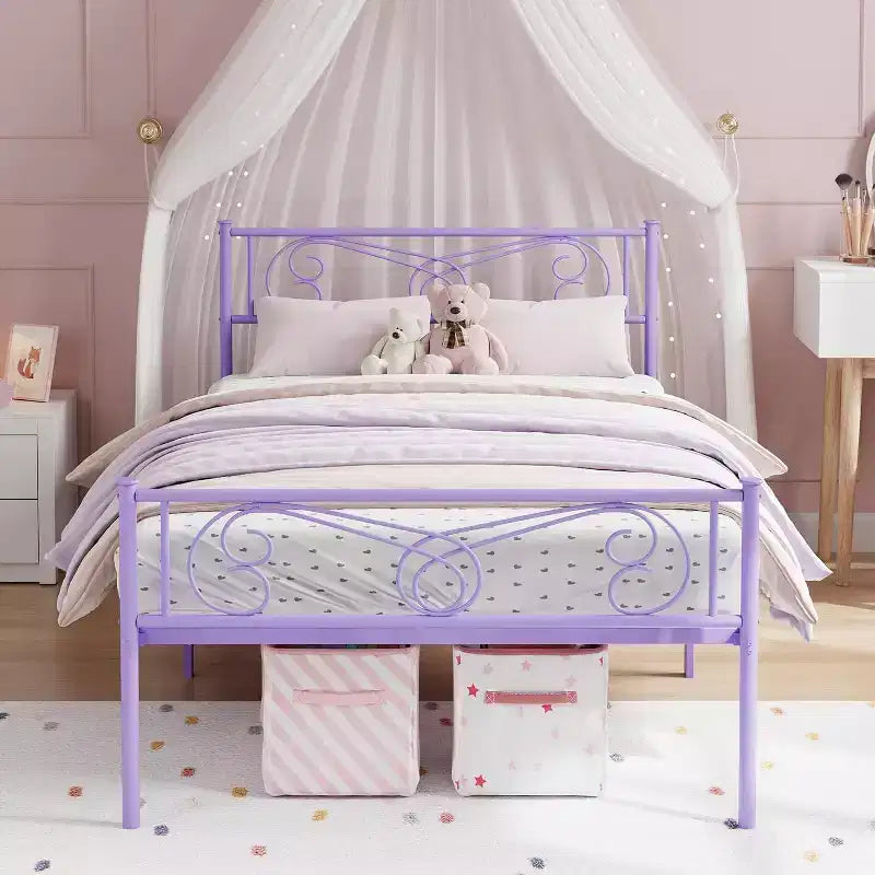 Struttura Letto Matrimoniale Viola in Metallo con Testiera, Pediera, 31 cm di Spazio Contenitore, Doghe in Acciaio, Nessuna Molla