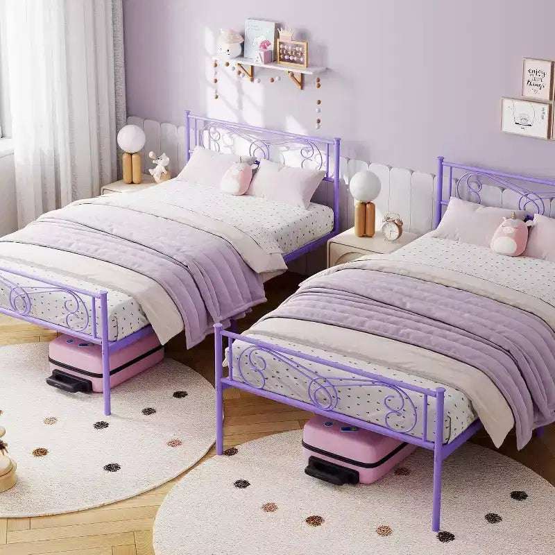 Struttura Letto Matrimoniale Viola in Metallo con Testiera, Pediera, 31 cm di Spazio Contenitore, Doghe in Acciaio, Nessuna Molla