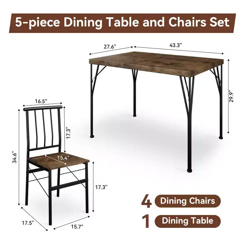 Set da pranzo Dyonery da 5 pezzi per 4 persone, set da tavola da cucina piccolo da 43,3 pollici con 4 sedie senza braccioli, piano in legno massello e gambe in metallo, facile montaggio